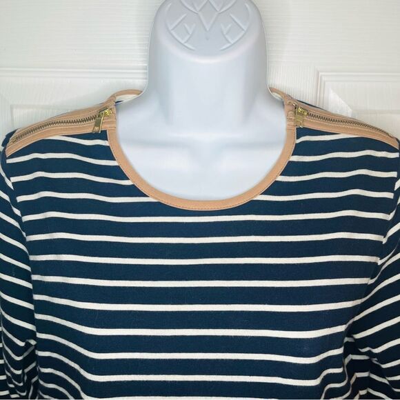Nautica Striped Womens Long Sleeve Top Zipper Shoulders Tan Trim Navy White M - Picture 3 of 10